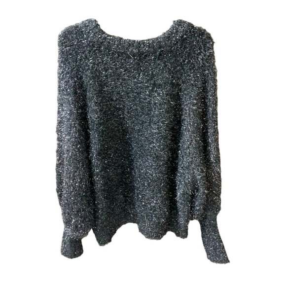 Zara Knit Womens Size Medium Pullover Black Gold Speckles Flecks Crew Neck Fuzzy - Picture 4 of 4